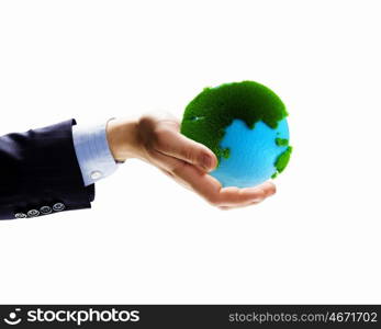 Green planet. Image of Earth planet in human hands. Protect planet