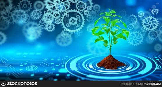 Green Plant sprout on soil with Cogwheels. Blue light and Technology background. Biotechnology, Biology, Ecology and Modern technology Concept.