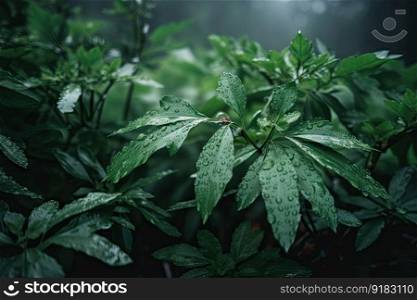 green plants in the mist, with water droplets on leaves, created with generative ai. green plants in the mist, with water droplets on leaves
