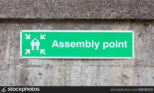 Green plastic 'assembly point' sign, isolated on concrete wall