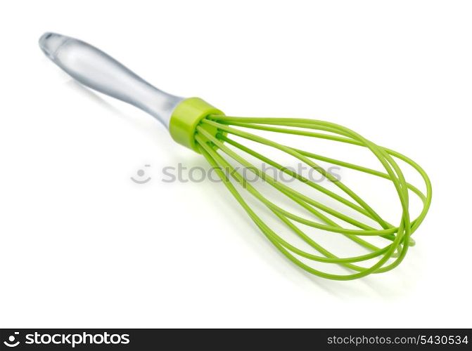 Green plastic kitchen whisk isolated on white