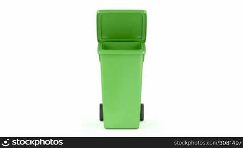 Green plastic waste container on white background