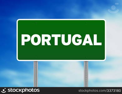 Green Portugal highway sign on Cloud Background.