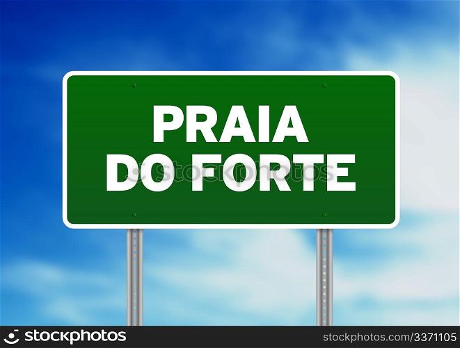 Green Praia do Forte, Brazil road sign on Cloud Background.