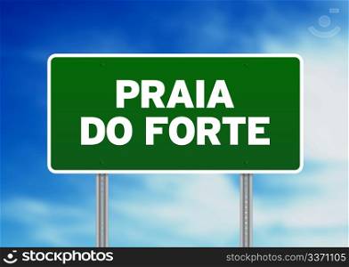 Green Praia do Forte, Brazil road sign on Cloud Background.