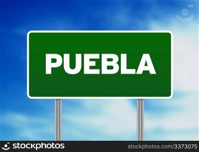 Green Puebla, Mexico highway sign on Cloud Background.