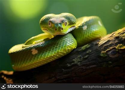 Green Python Snake Wild Animal with Sharp Gaze Looks Dangerous on Tree Branch