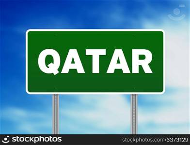 Green Qatar highway sign on Cloud Background.