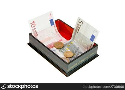 Green rectangular casket with euro money isolated