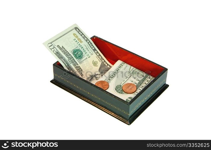 Green rectangular casket with USA money isolated