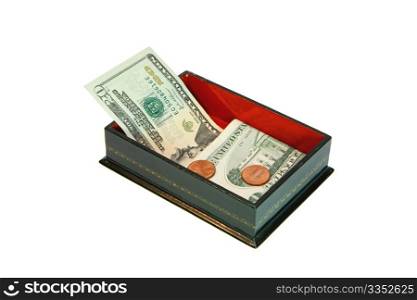 Green rectangular casket with USA money isolated