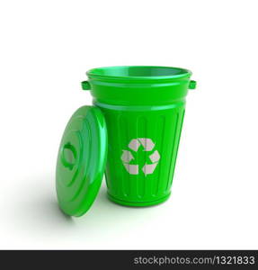 Green recycle garbage can isolated in white. Garbage can