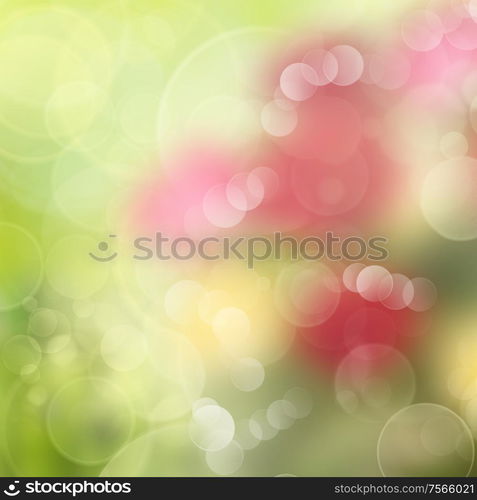 green, red and yello garden bokeh background with sun beams. green, red and yellow bokeh background