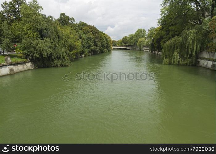 Green River Isar on a cloudy day. Munich, Bavaria, Germany, Europe.