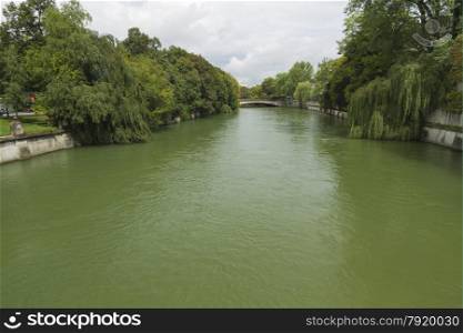 Green River Isar on a cloudy day. Munich, Bavaria, Germany, Europe.
