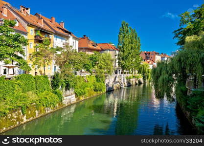 Green riverfront of Ljubljana old houses on Ljubljanica river, capital of Slovenia