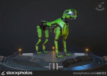 Green robot dog stands on a charging dock. 3D illustration. Green robot dog stands on a charging dock