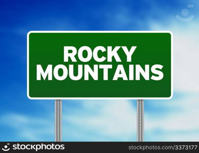 Green Rocky Mountains highway sign on Cloud Background.