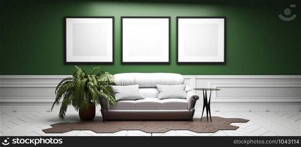 Green room - empty room interior design. 3D rendering