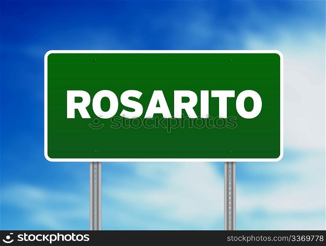 Green Rosarito, Mexico highway sign on Cloud Background.