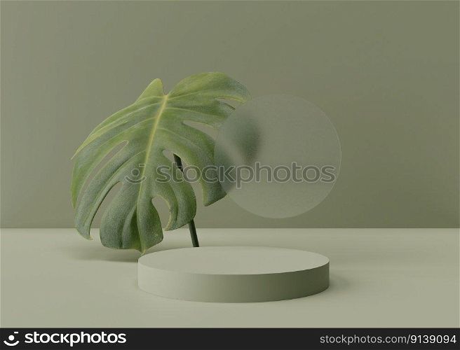 Green round podium with tropical leaf on green background. Podium for product, cosmetic presentation. Mock up. Pedestal or platform for beauty products. Empty scene. 3D rendering. Green round podium with tropical leaf on green background. Podium for product, cosmetic presentation. Mock up. Pedestal or platform for beauty products. Empty scene. 3D rendering.