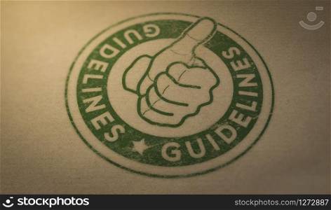 Green Rubber stamp mark with the text guidelines and thumb up over brown cardboard background.. Guideline
