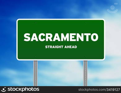 Green Sacramento, California, USA highway sign on Cloud Background.