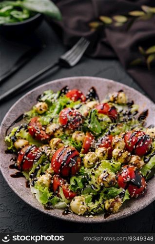 Green salad made with tomatoes, cheese mozzarella balls and sesame on plate