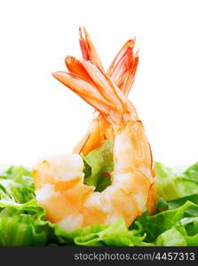 Green salad with shrimps isolated on white background, healthy eating concept