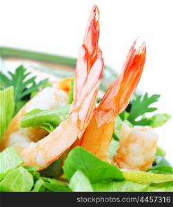Green salad with shrimps isolated on white background, healthy eating concept