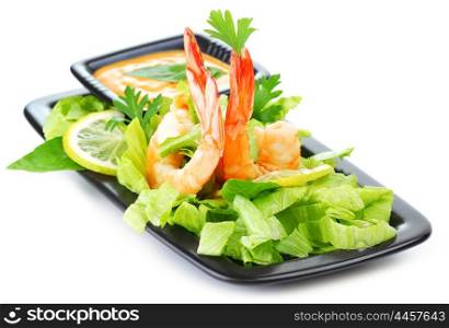 Green salad with shrimps isolated on white background, healthy eating concept