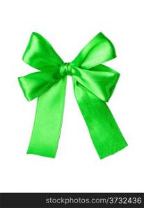 Green satin gift bow. Tape. Isolated on white