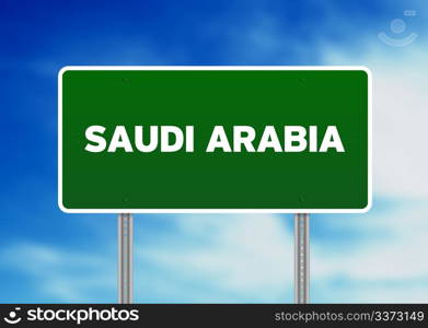 Green Saudi Arabia highway sign on Cloud Background.