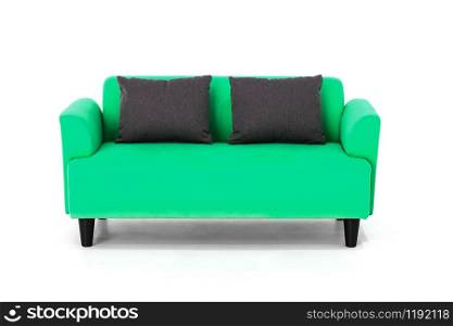 Green Scandinavian style contemporary sofa on white background with modern and minimal furniture design for stylish living room.