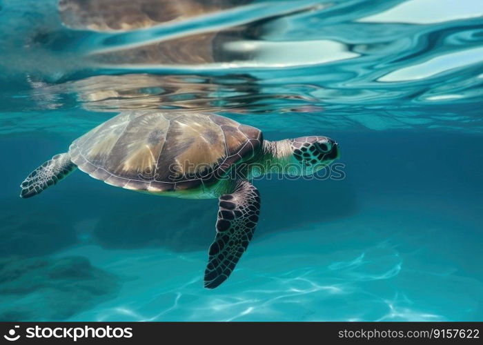 Green sea turtle gracefully swimming in clear blue ocean waters by generative AI