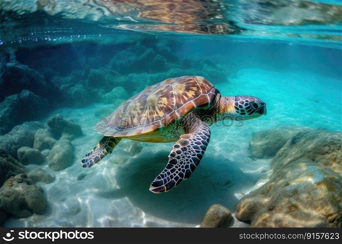 Green sea turtle gracefully swimming in clear blue ocean waters by generative AI