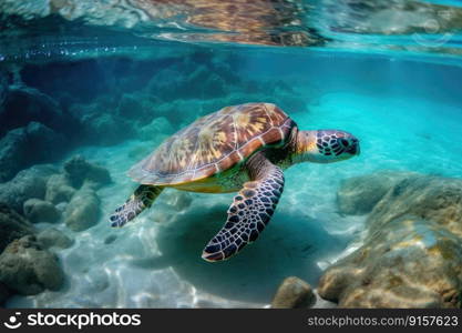 Green sea turtle gracefully swimming in clear blue ocean waters by generative AI