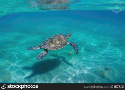 Green sea turtle gracefully swimming in clear blue ocean waters by generative AI