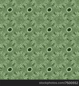 Green seamless background with a repeating pattern of floral wreaths.
