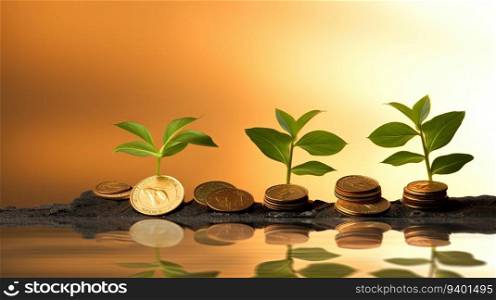 Green seedling growing from pile of coins. Investment and finance concept.