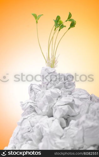 Green seedlings growing out of paper