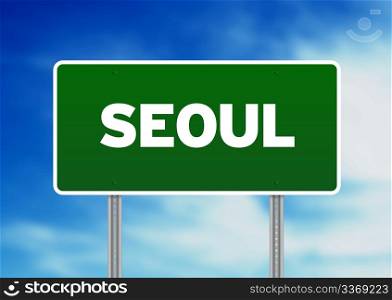 Green Seoul highway sign on Cloud Background.