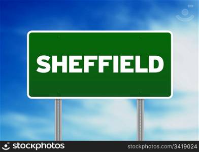 Green Sheffield, England highway sign on Cloud Background.