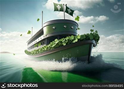 Green ship decorated for St. patricks day , transport illustration. Generative AI
