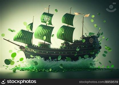 Green ship decorated for St. patricks day , transport illustration. Generative AI