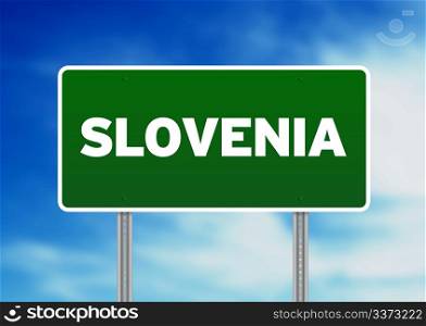 Green Slovenia highway sign on Cloud Background.