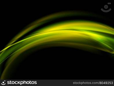 Green smooth glowing waves on black. Green smooth glowing waves on black background. Blurred curved graphic design. Corporate abstract waves illustration