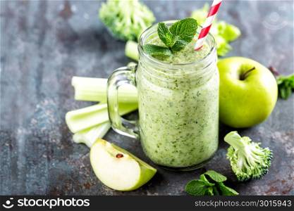 green smoothie with celery, broccoli, apple. healthy diet eating, superfood