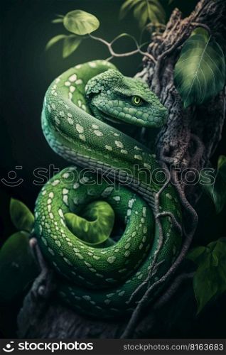 Green snake in jungle background, AI Generative