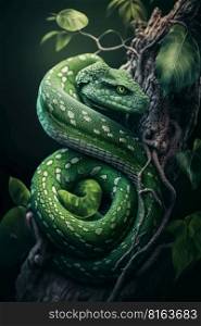 Green snake in jungle background, AI Generative